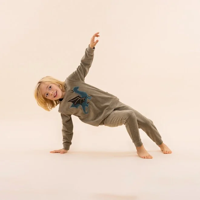 CharlieChoe Jongens Velours Set – Donker – Groen Draak - Afbeelding 4